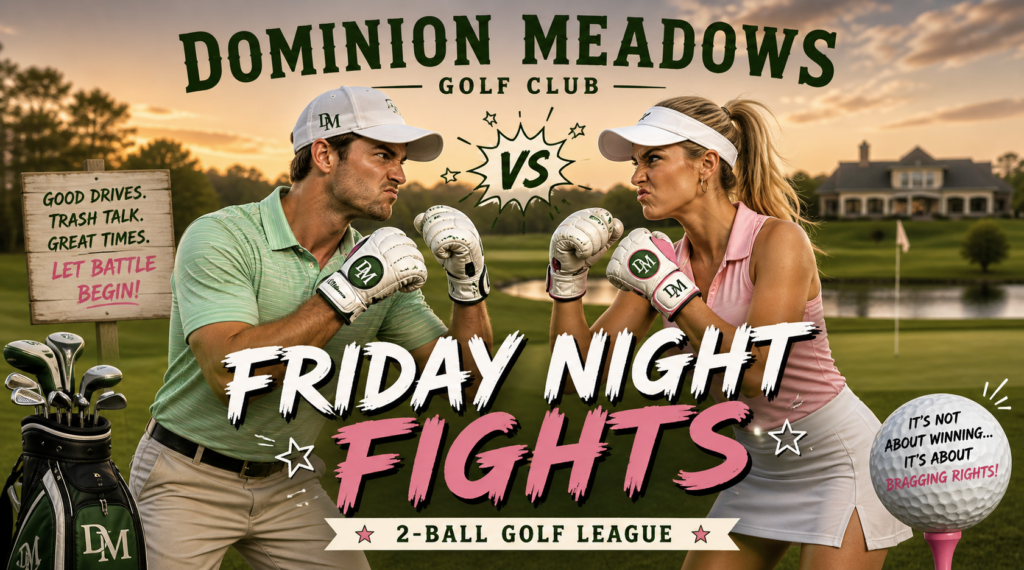 Man on left holding up fists, women on right holding up fists, friday night fights, golf ball, golf clubs